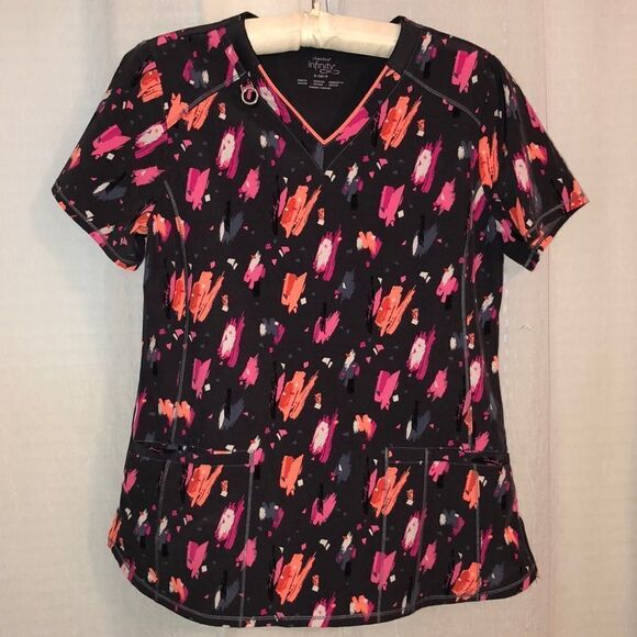 Infinity S Charcoal Gray Neon Pastel Paintbrush Strokes Stretch Scrub Top - Picture 1 of 15